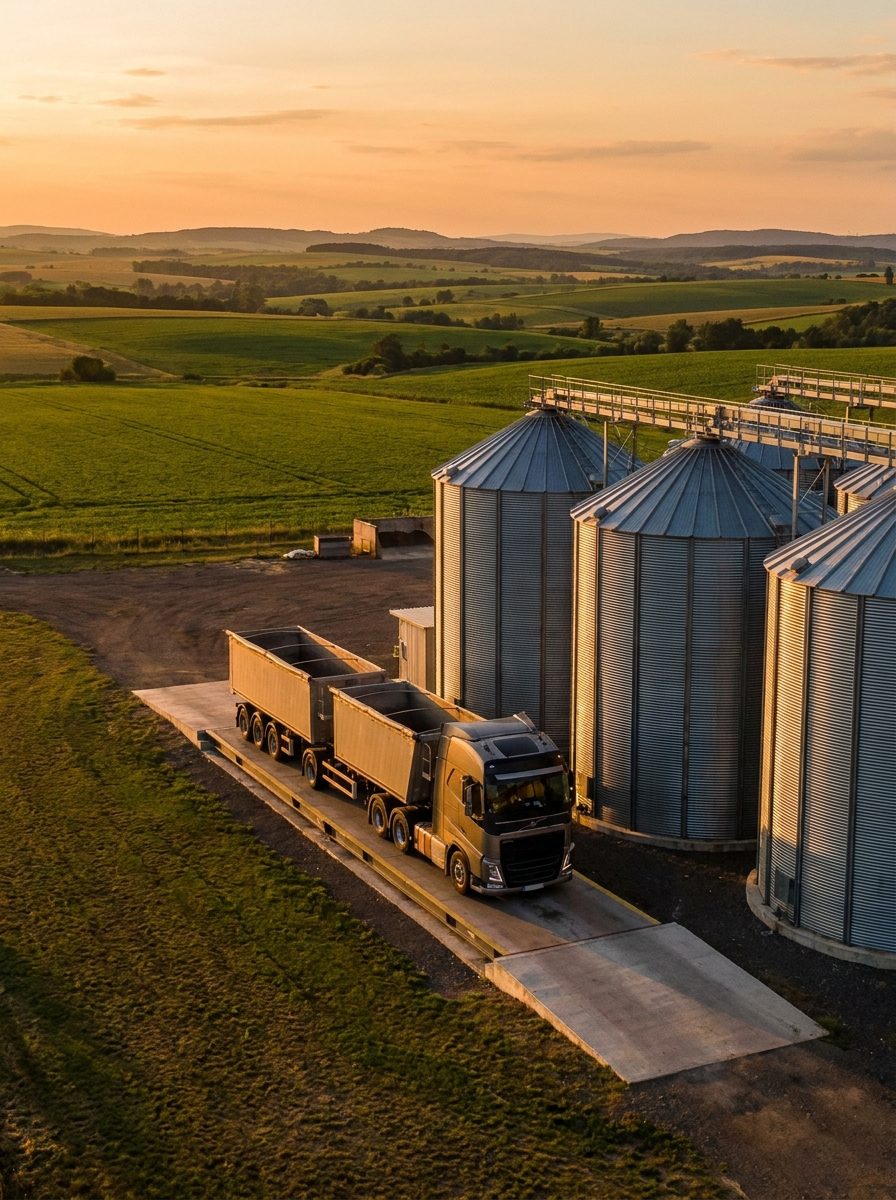 Truck on a weighbridge beside grain silos