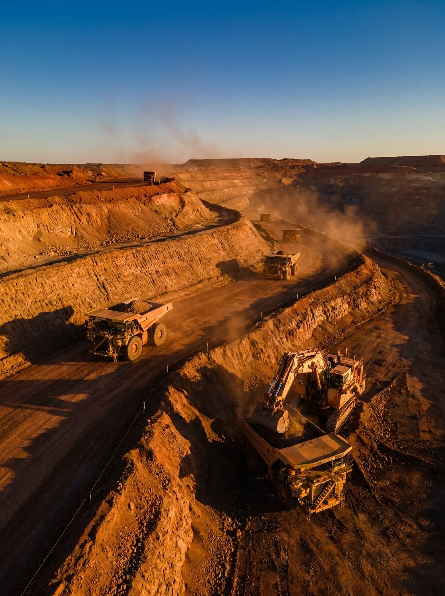 Open-pit mining operation with haul trucks